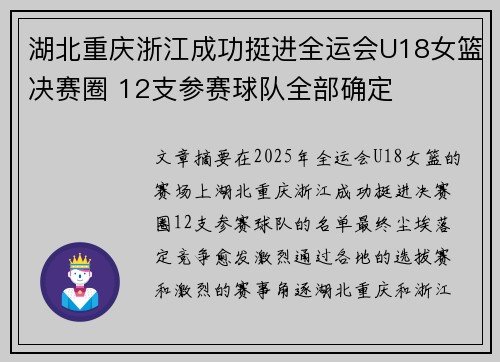 湖北重庆浙江成功挺进全运会U18女篮决赛圈 12支参赛球队全部确定